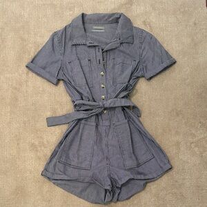 Urban Outfitters Navy and White Striped Short Sleeve Romper